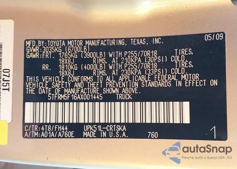 2010 Toyota Tundra Grade 4.6L V8 z USA, uszkodzony, nr VIN 5TFRM5F16AX001445